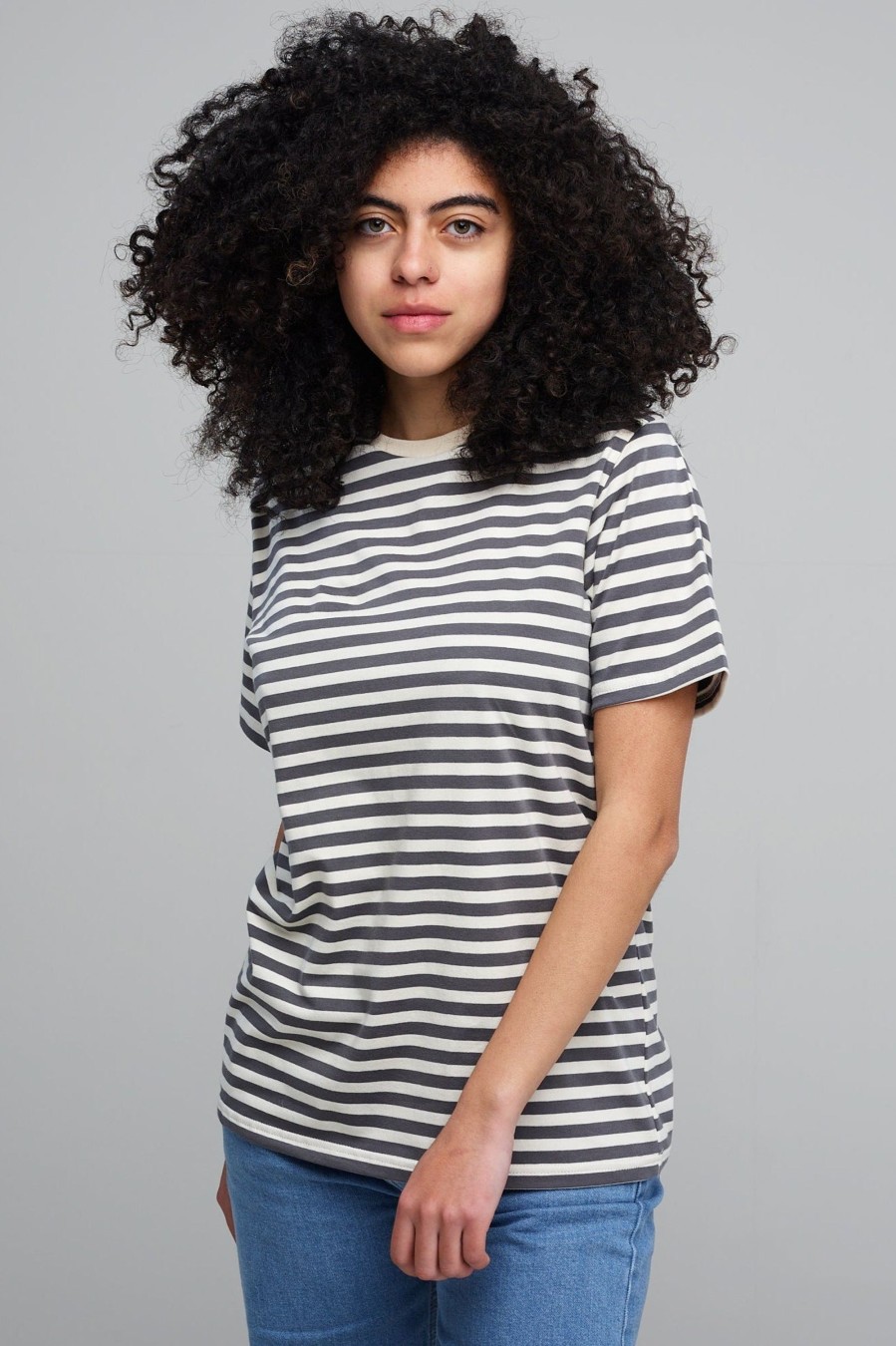 Women Community Clothing | Short Sleeve Grey/Ecru Striped T Shirt