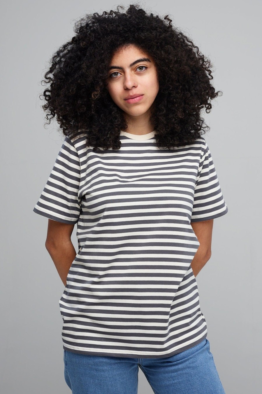 Women Community Clothing | Short Sleeve Grey/Ecru Striped T Shirt